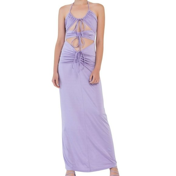 KikiRiki Ruched Front Tie Cutout Halter Maxi Dress Purple Size Small NWT - Picture 1 of 3